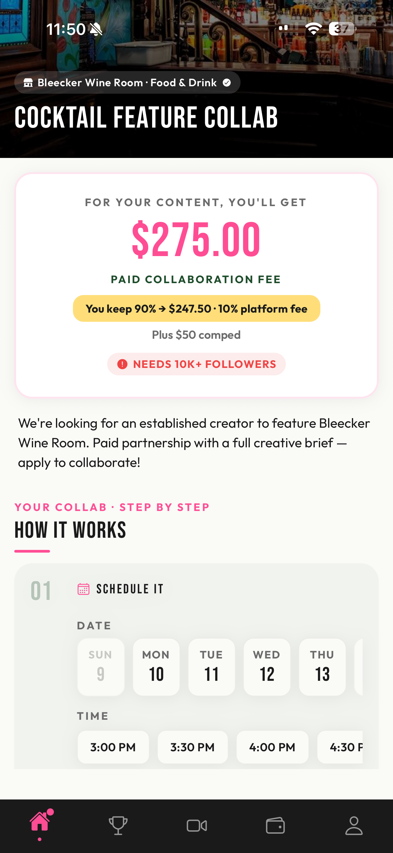 Sparqlist app showing a paid collaboration offer at Bleecker Wine Room